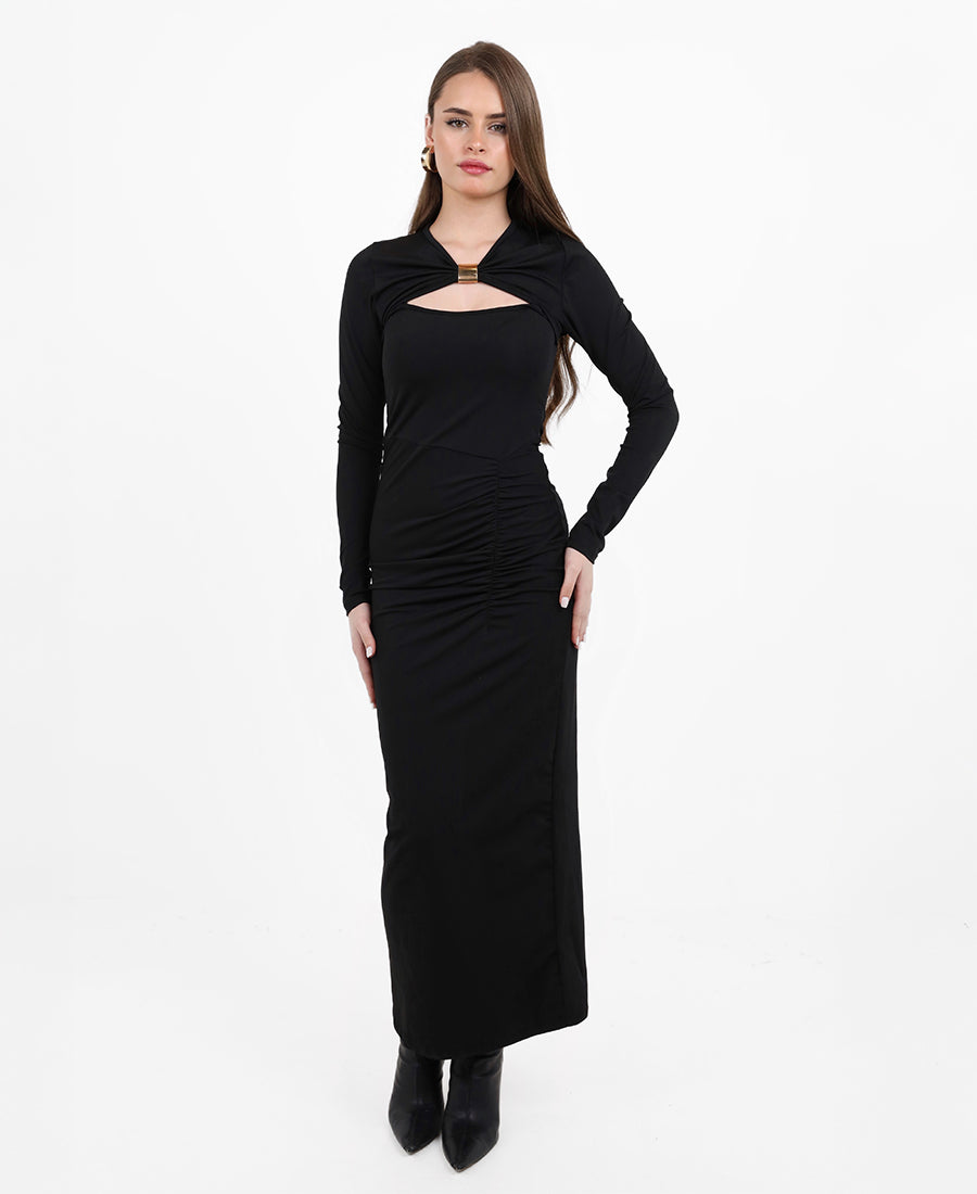 Black dress with almond-shaped keyhole neckline