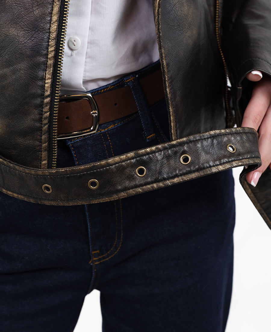 Leather jacket with waist belt
