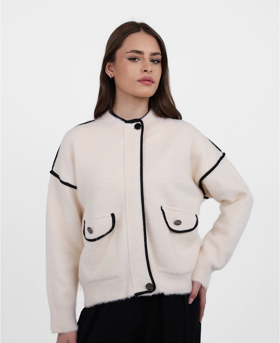 Off-white-black button-up wool blouse