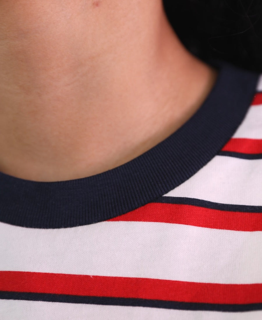Oversized T-shirt, red and navy striped, word on the chest