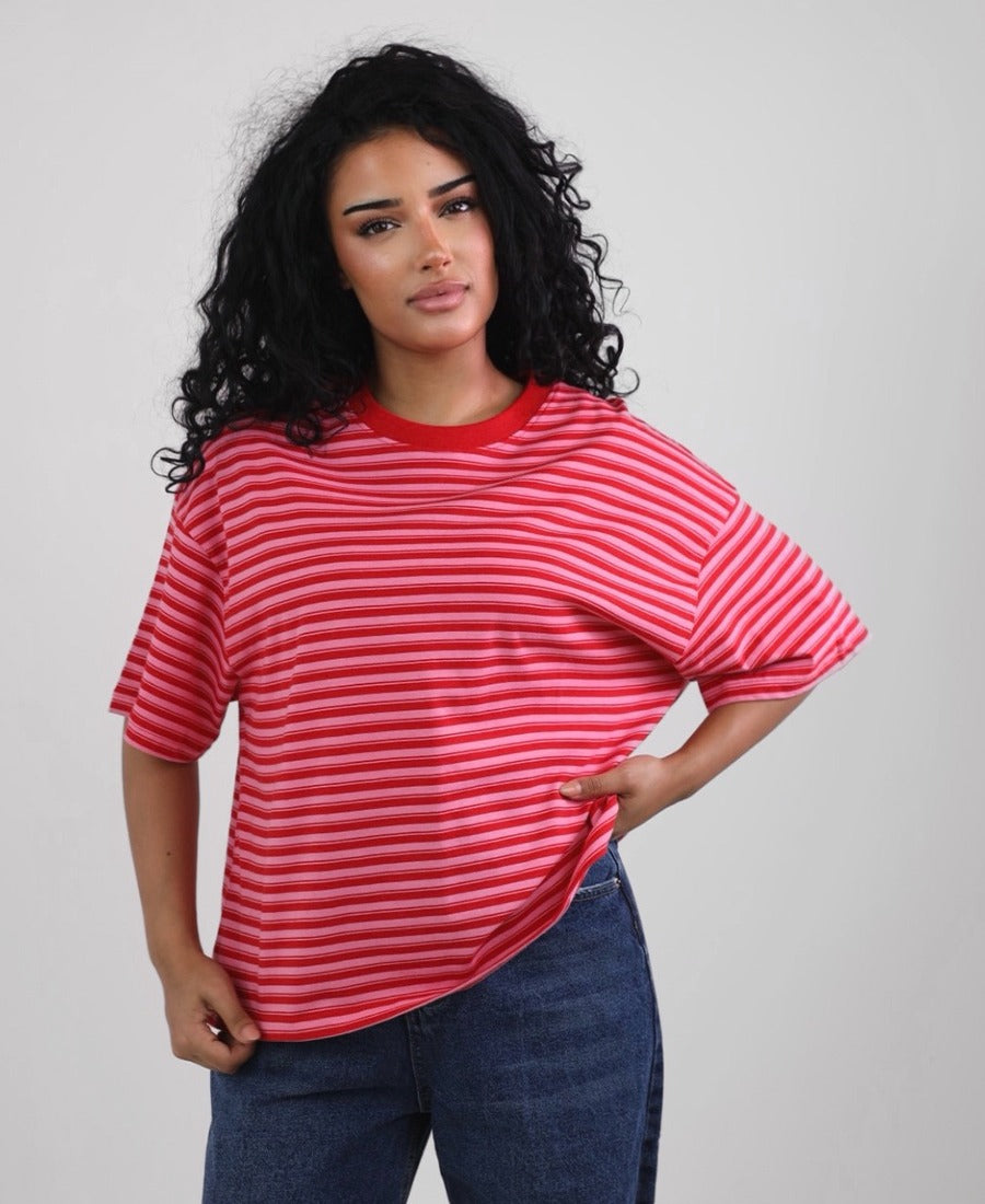 Oversized red-pink striped T-shirt