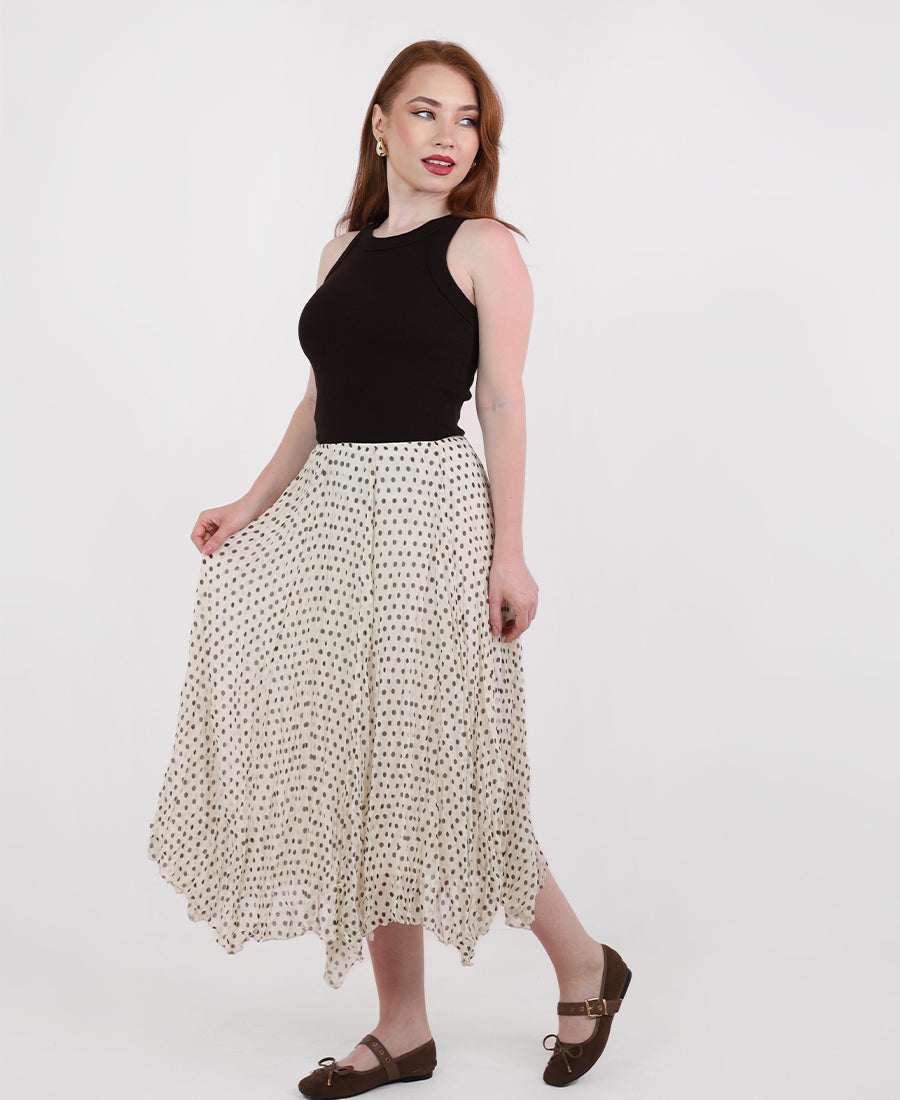 Polka dot pleated midi skirt