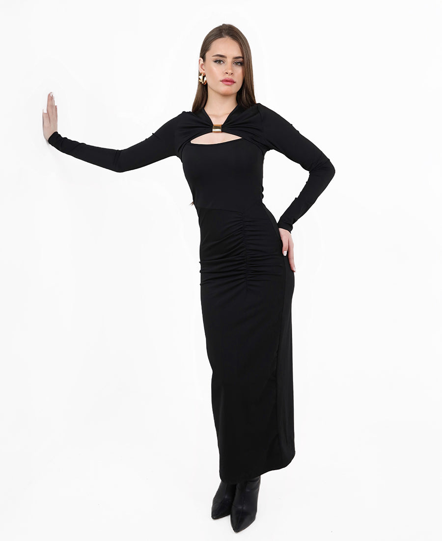 Black dress with almond-shaped keyhole neckline
