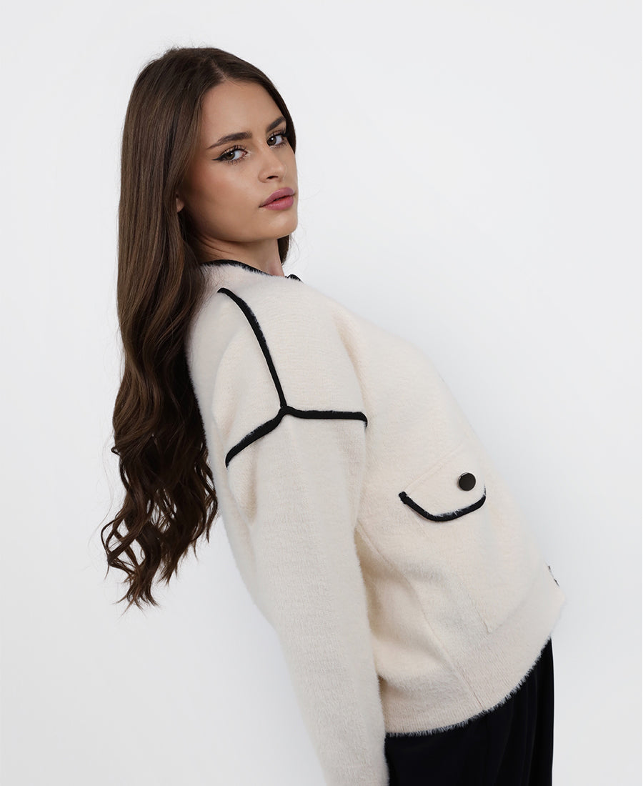 Off-white-black button-up wool blouse