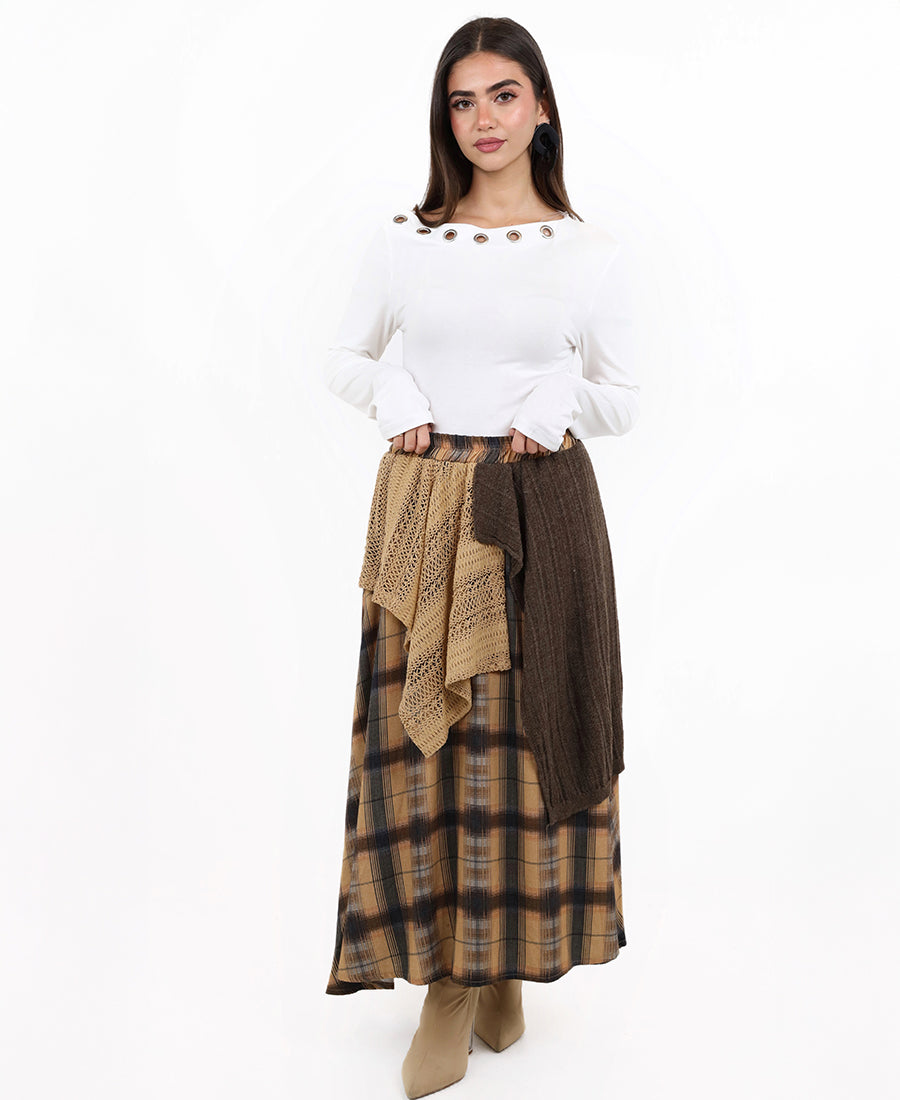 Layered wool plaid skirt