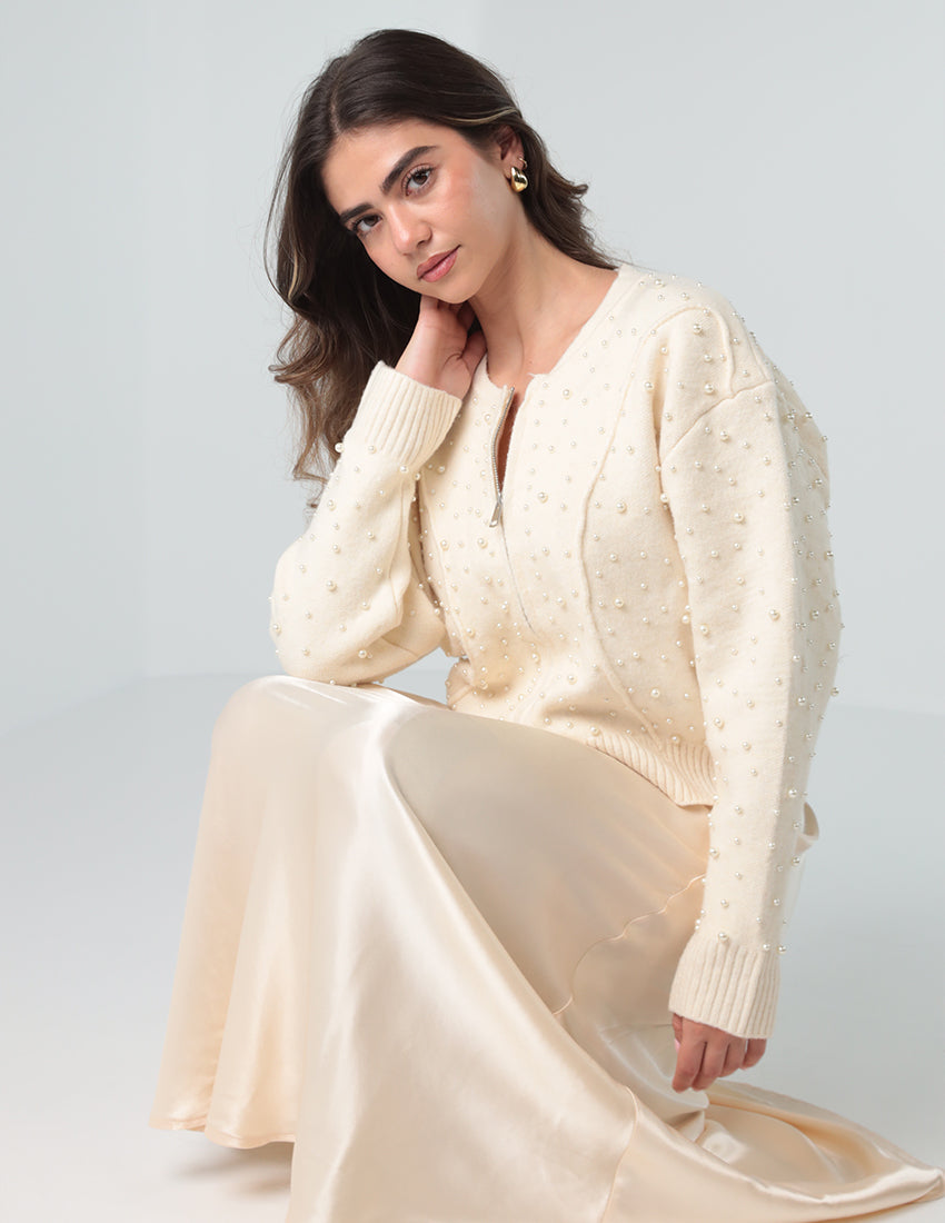 Cardigan with Synthetic Pearl Details and Zipper