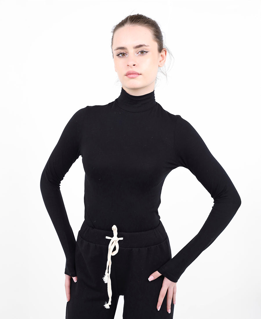 long-sleeved black turtleneck bodysuit