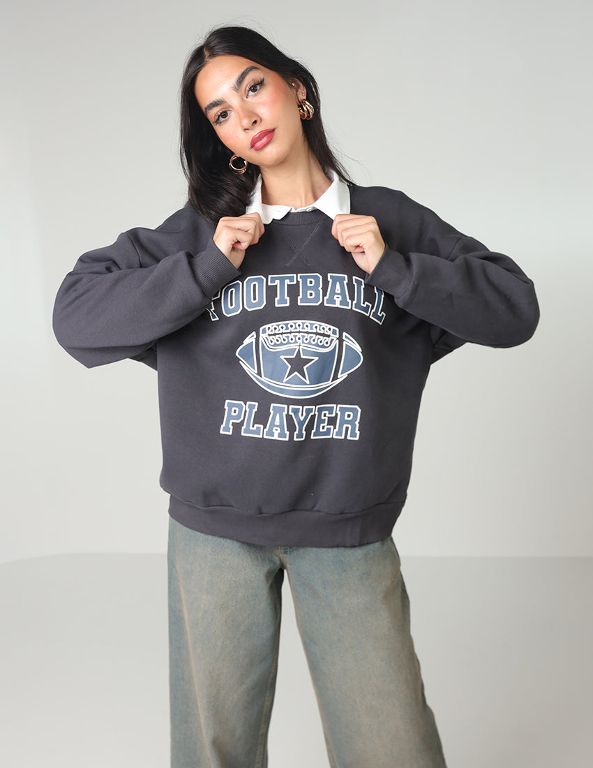 Cotton Sweatshirt with Crew Neckline and Football Print