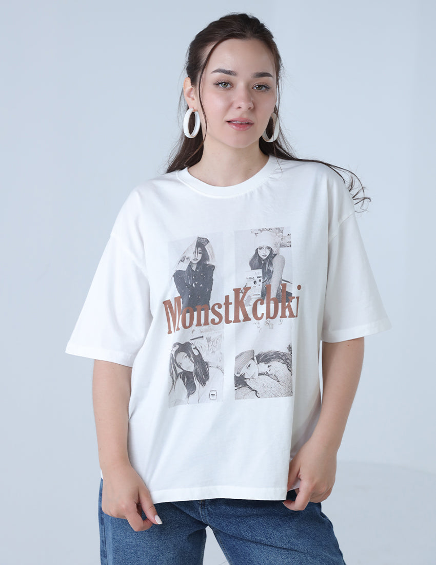 T-shirt with four pictures of girls and writing in the middle.