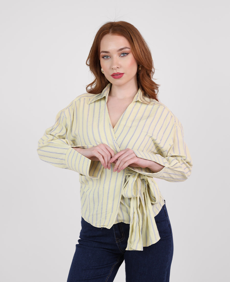 Striped shirt with tie waist