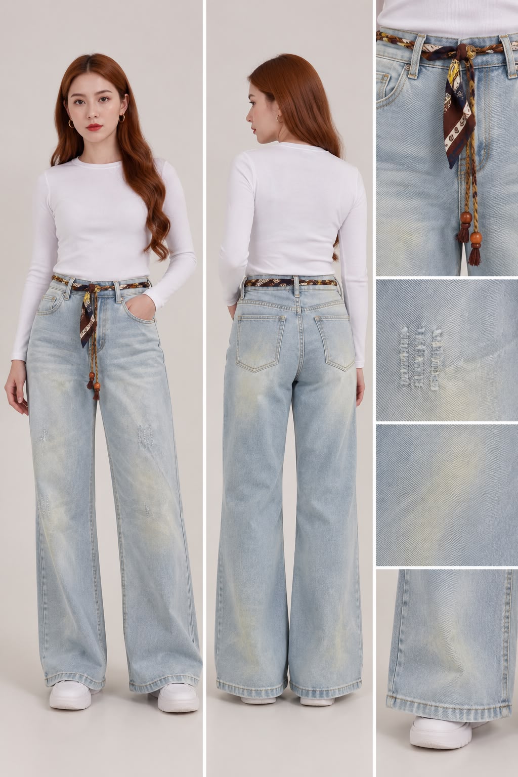 Ice-blue straight-cut jeans paired with a brown scarf.