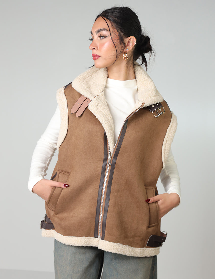 Wool-Lined Vest with Waist Belt and Zipper