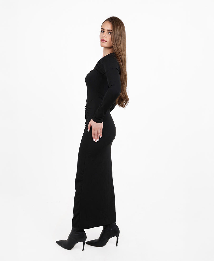 Black dress with almond-shaped keyhole neckline