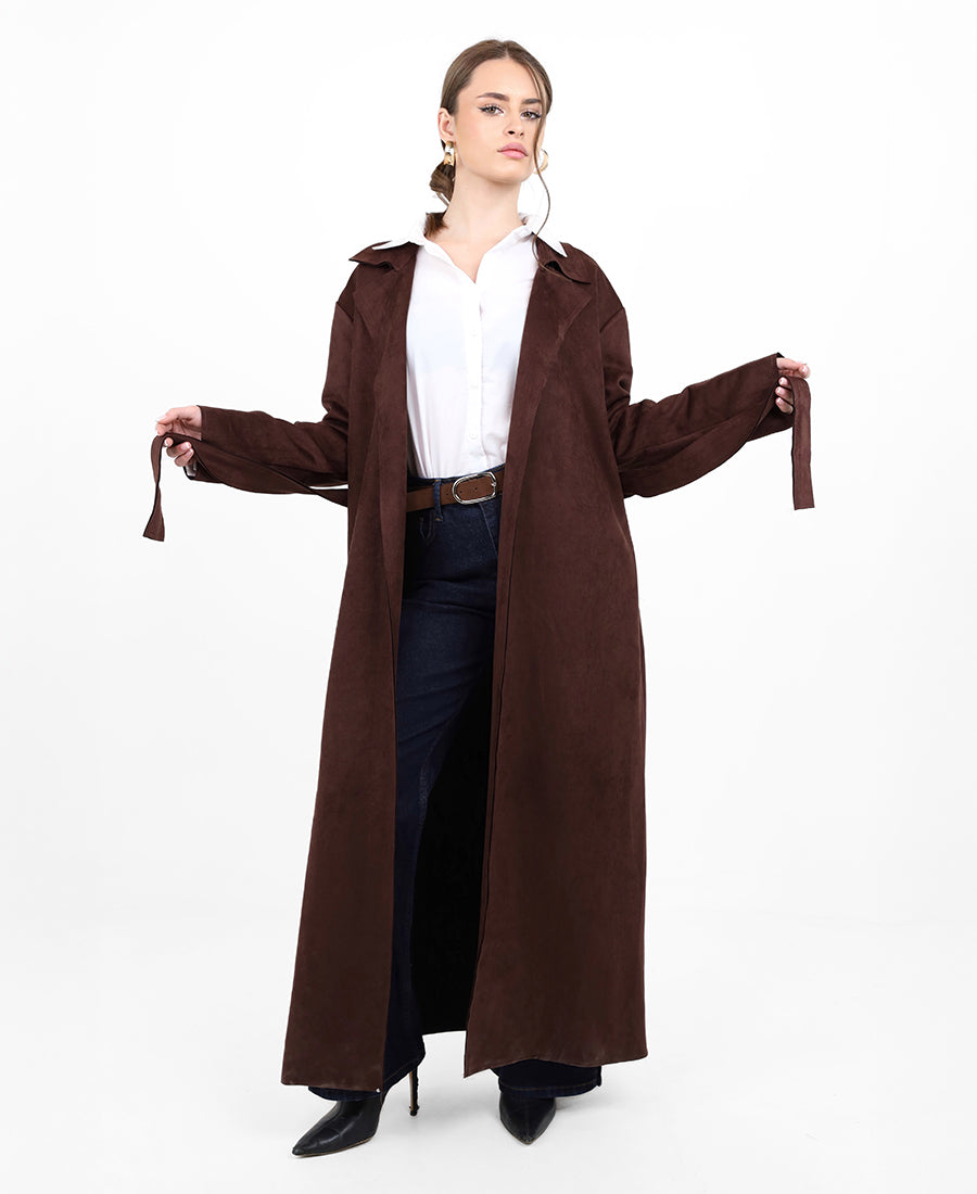 Long suede jacket with waist tie