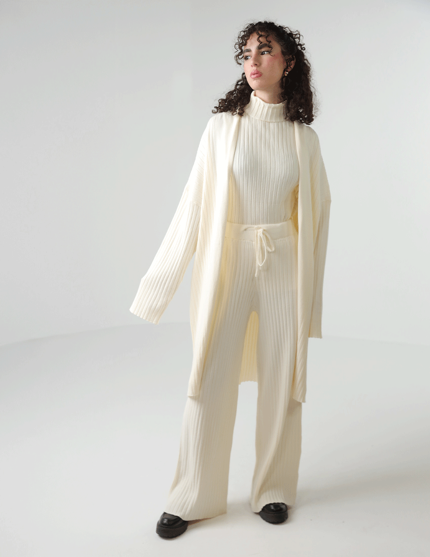 Sleeveless High-Neck Top, Long Cardigan, and Pants Striped Knit Set