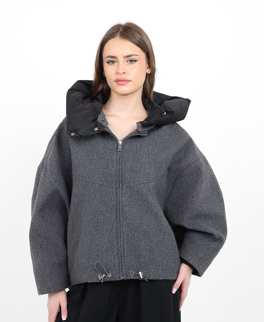 Wool jacket with a puffer hat