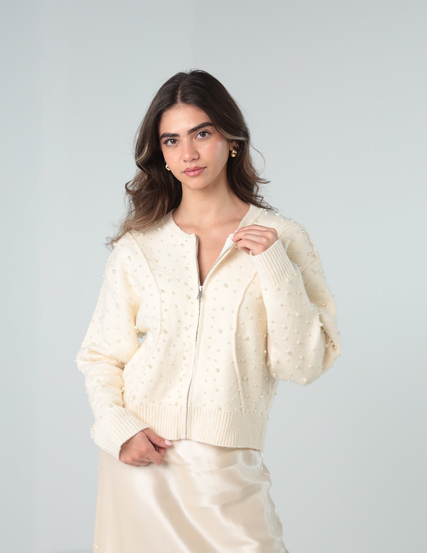 Cardigan with Synthetic Pearl Details and Zipper