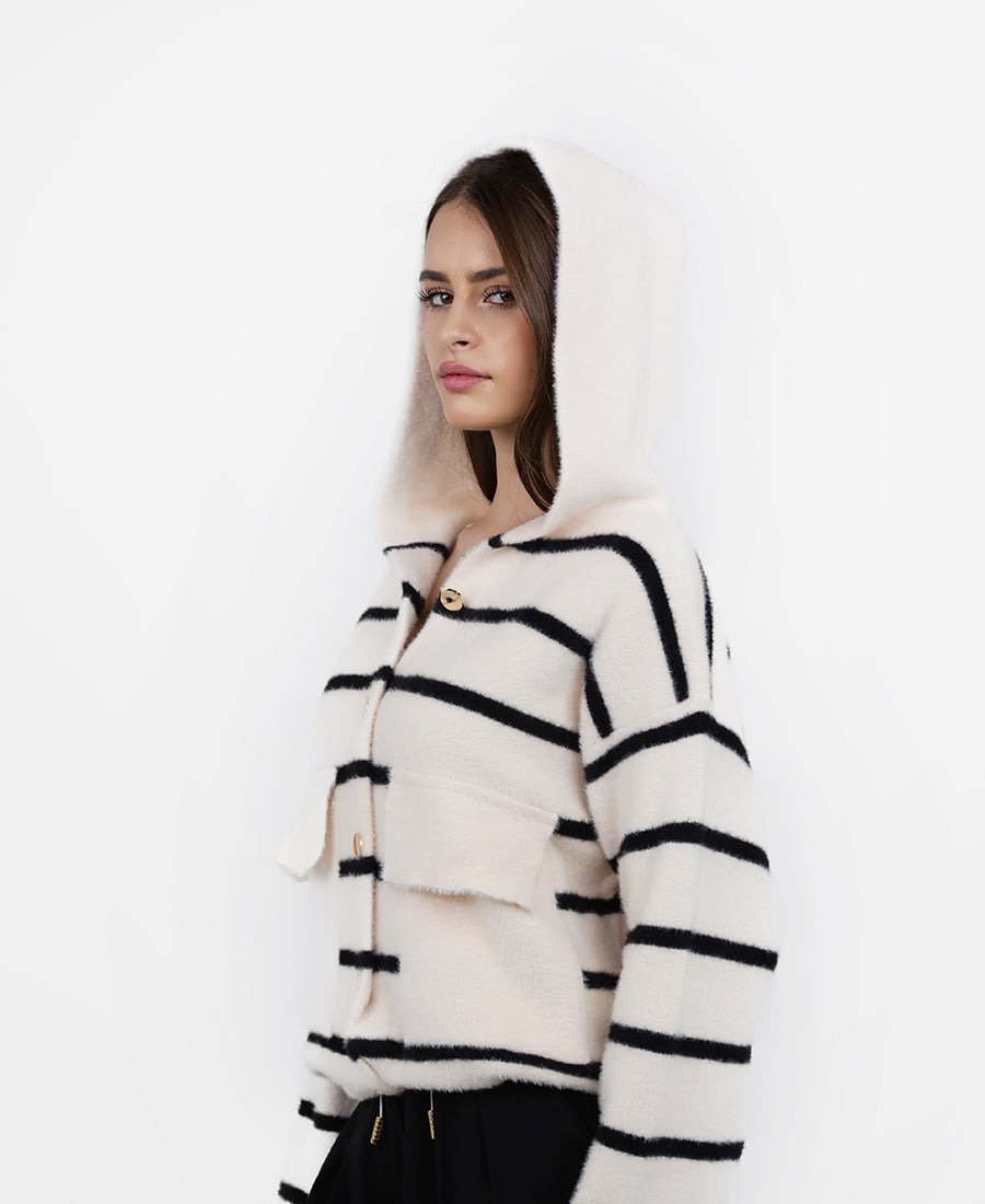 Off-white wool jacket with black stripes and a hood