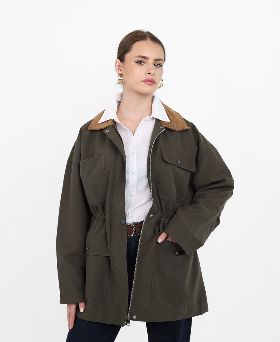 Long jacket with a gathered waist and pocket