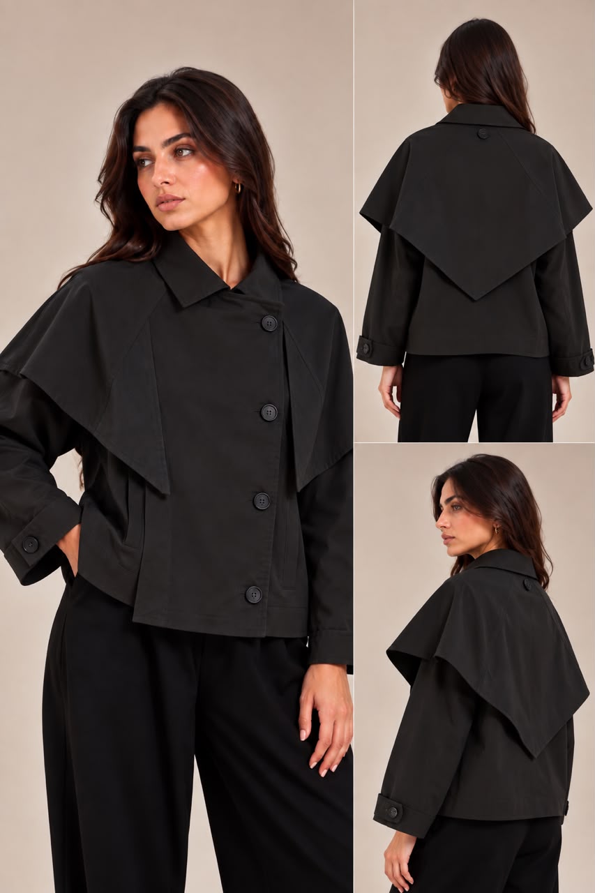 Short trench coat with detachable cape panel and buttons on the sleeves