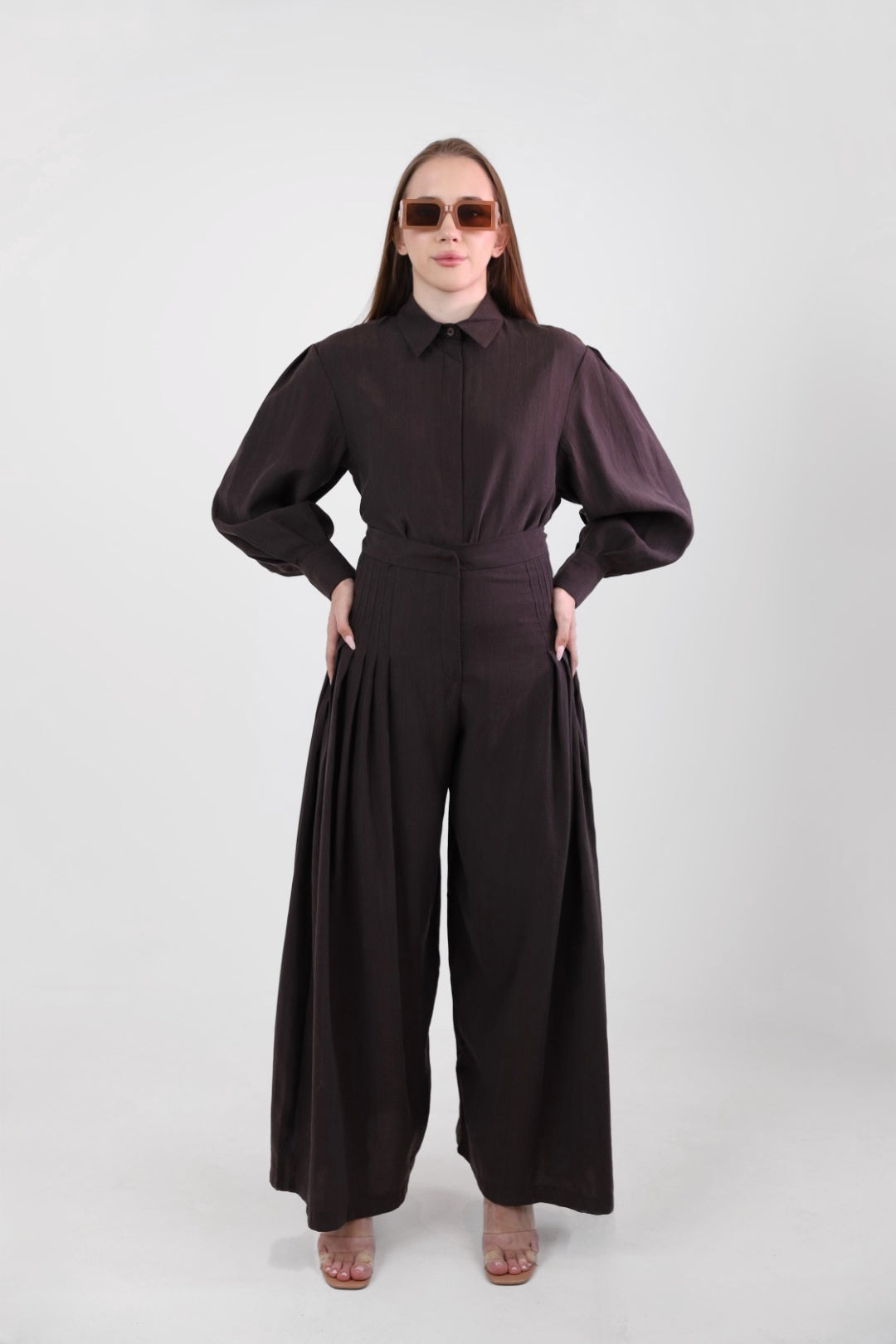 Oversize shirt set with wide leg trousers, high waisted