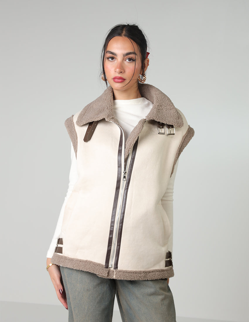 Wool-Lined Vest with Waist Belt and Zipper