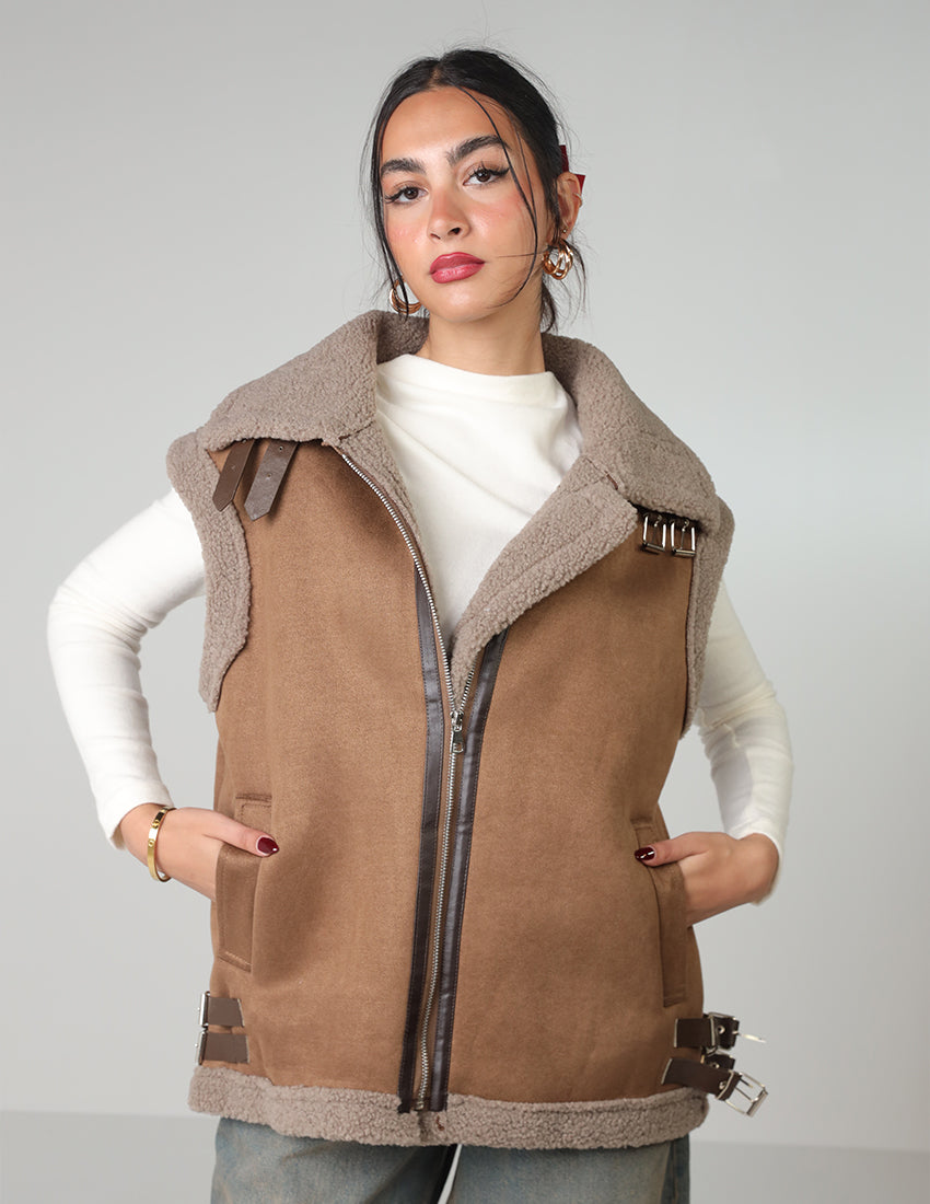 Wool-Lined Vest with Waist Belt and Zipper