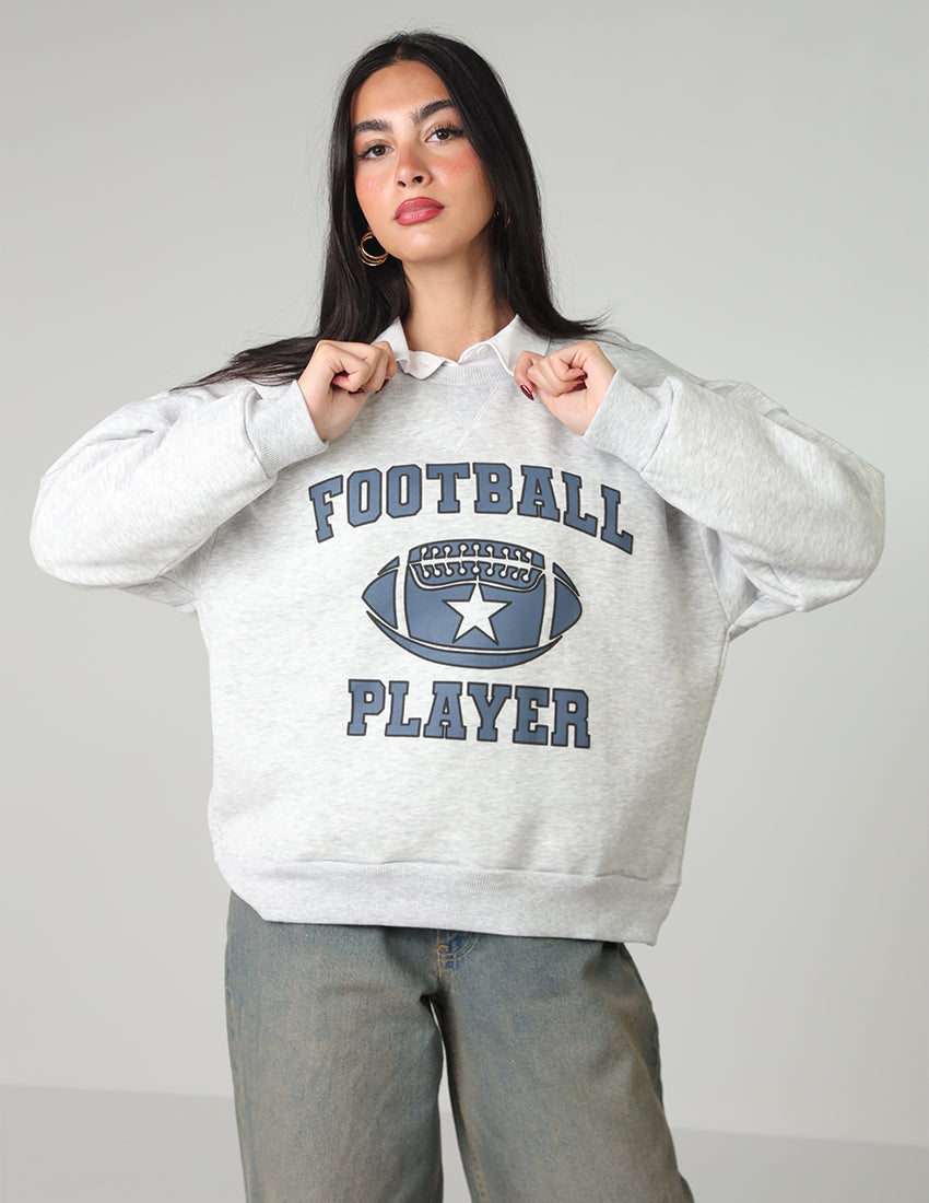 Cotton Sweatshirt with Crew Neckline and Football Print