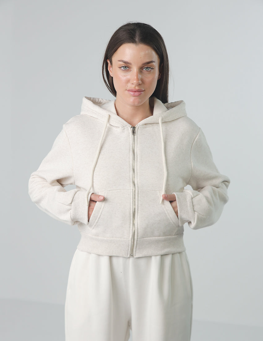 Cropped Cotton Hoodie with Zipper and Pockets