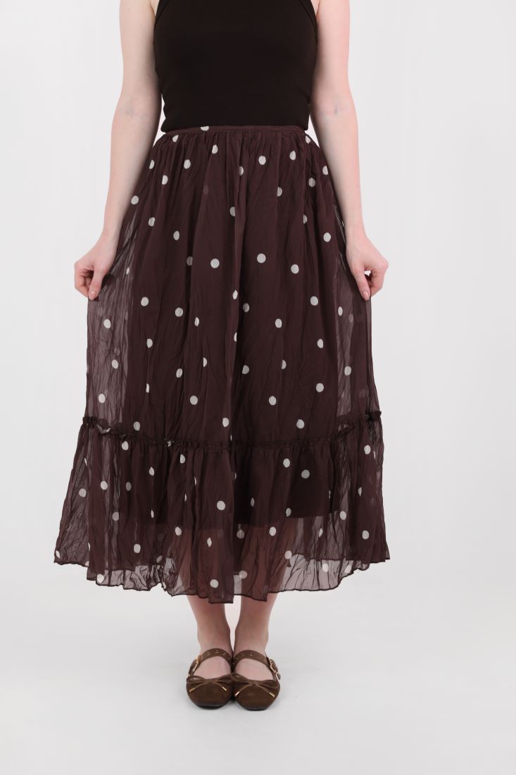 Long pleated chiffon polka dot skirt