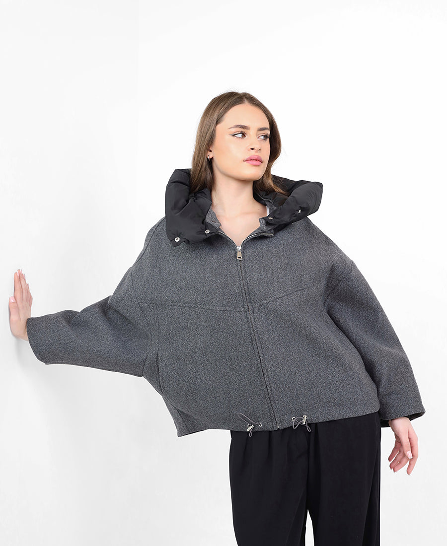 Wool jacket with a puffer hat