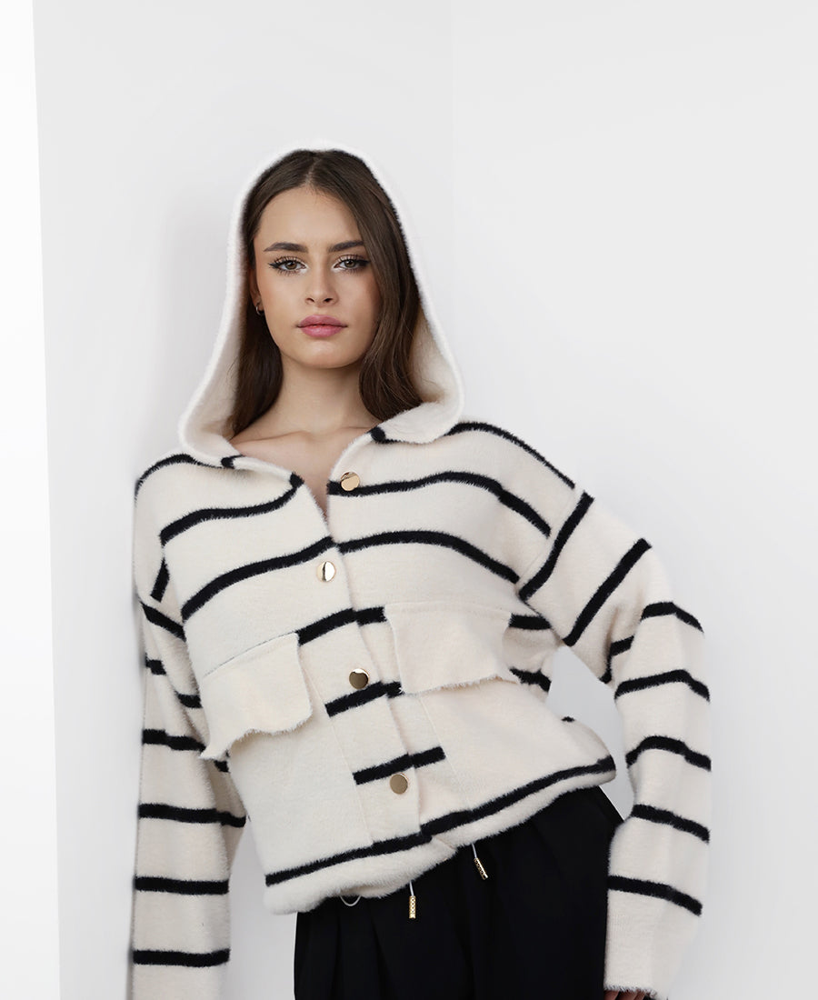 Off-white wool jacket with black stripes and a hood