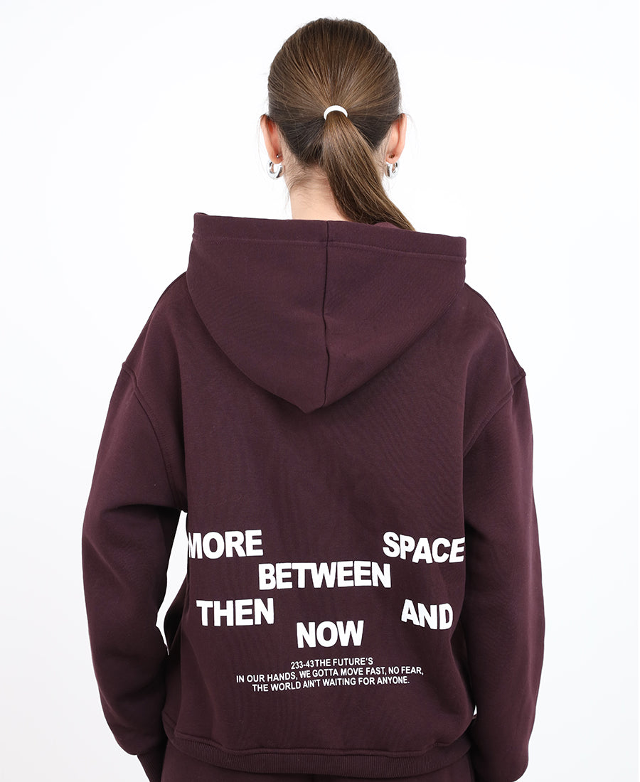 Maroon hoodie with printed words