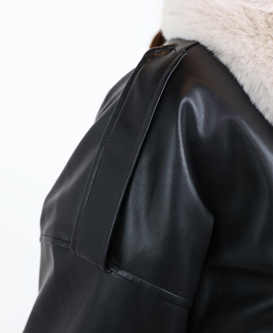 Black leather jacket with white fur