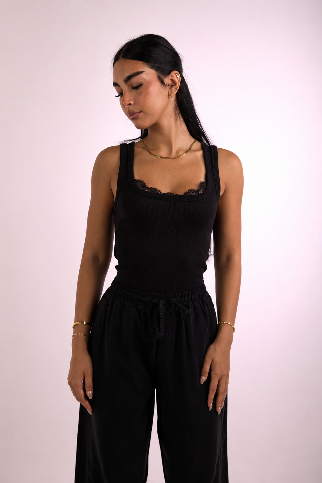 Sleeveless top with lace bodice