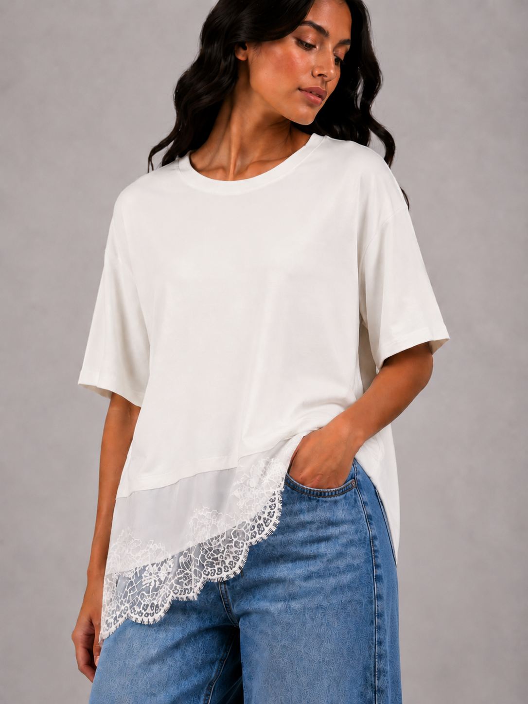 Lace satin waist T-shirt