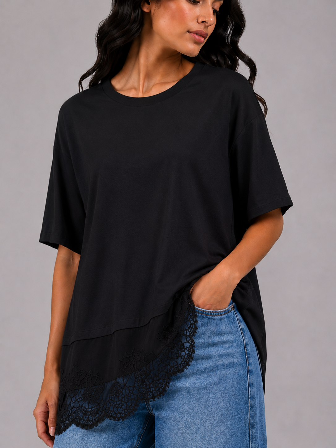 Lace satin waist T-shirt
