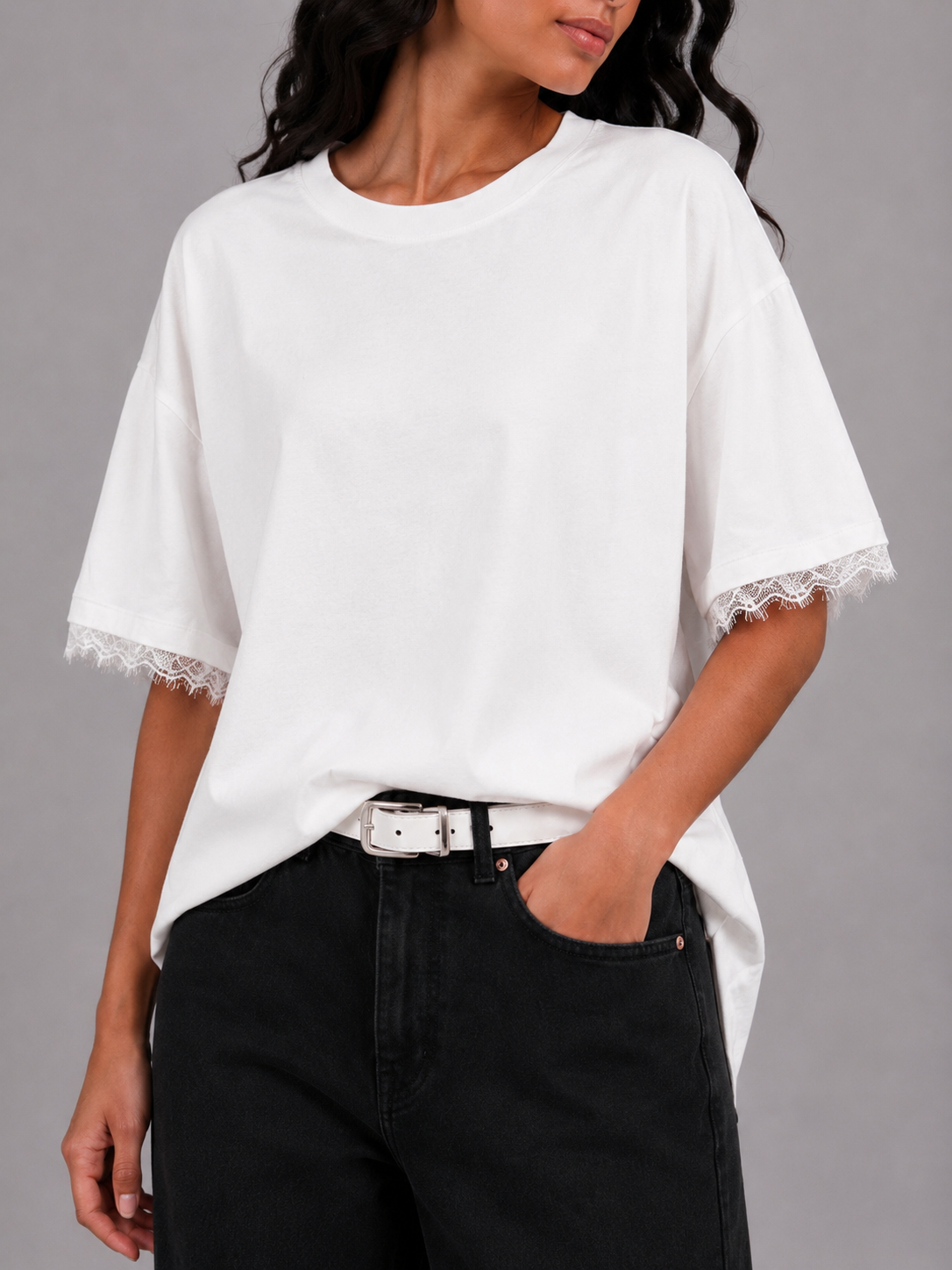 Oversized T-shirt with lace sleeves