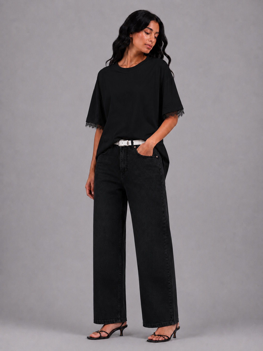 Oversized T-shirt with lace sleeves
