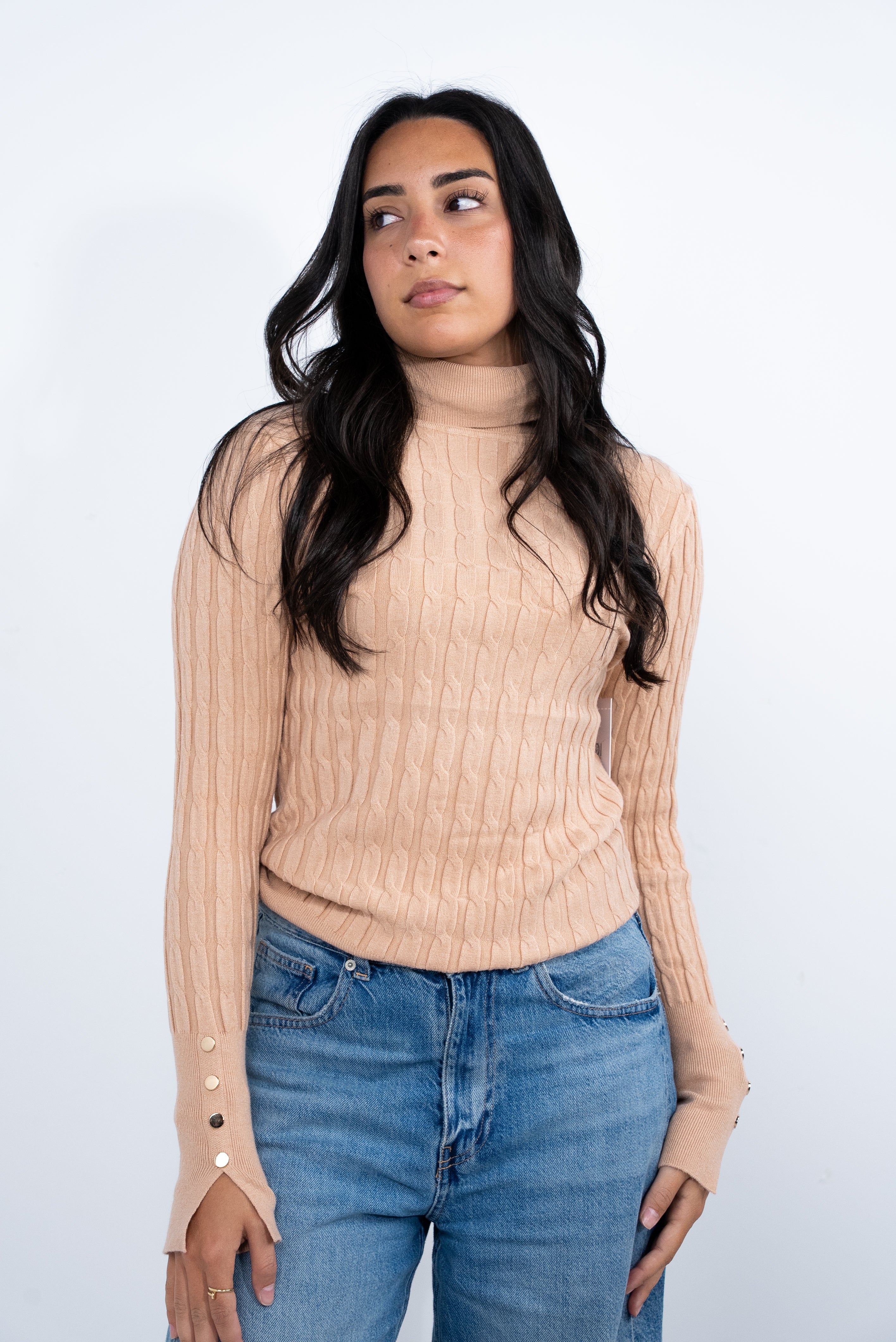 Jacket with a high collar, wool, with a gold button on the sleeve