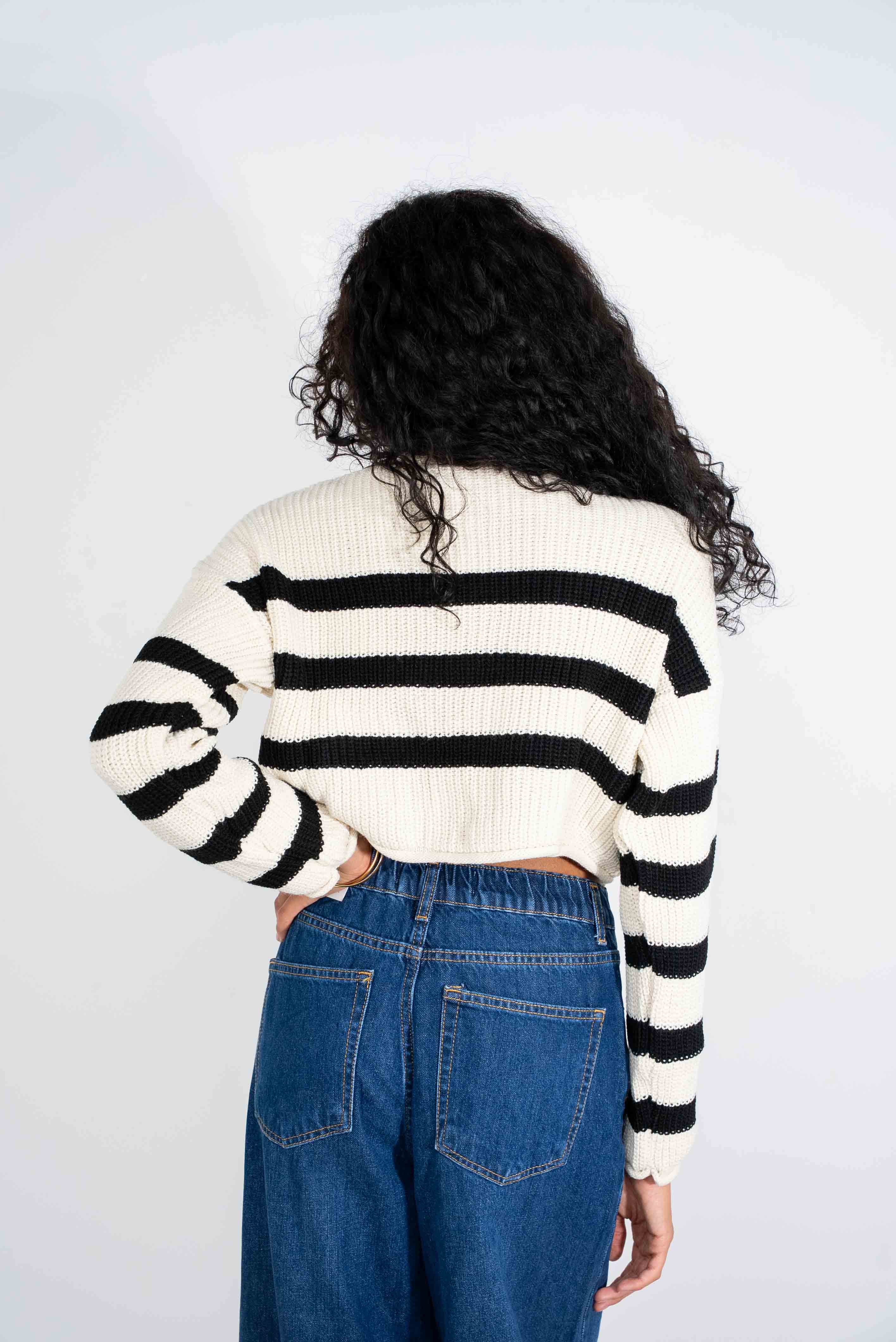 Cropt wool cardigan, beige and black striped