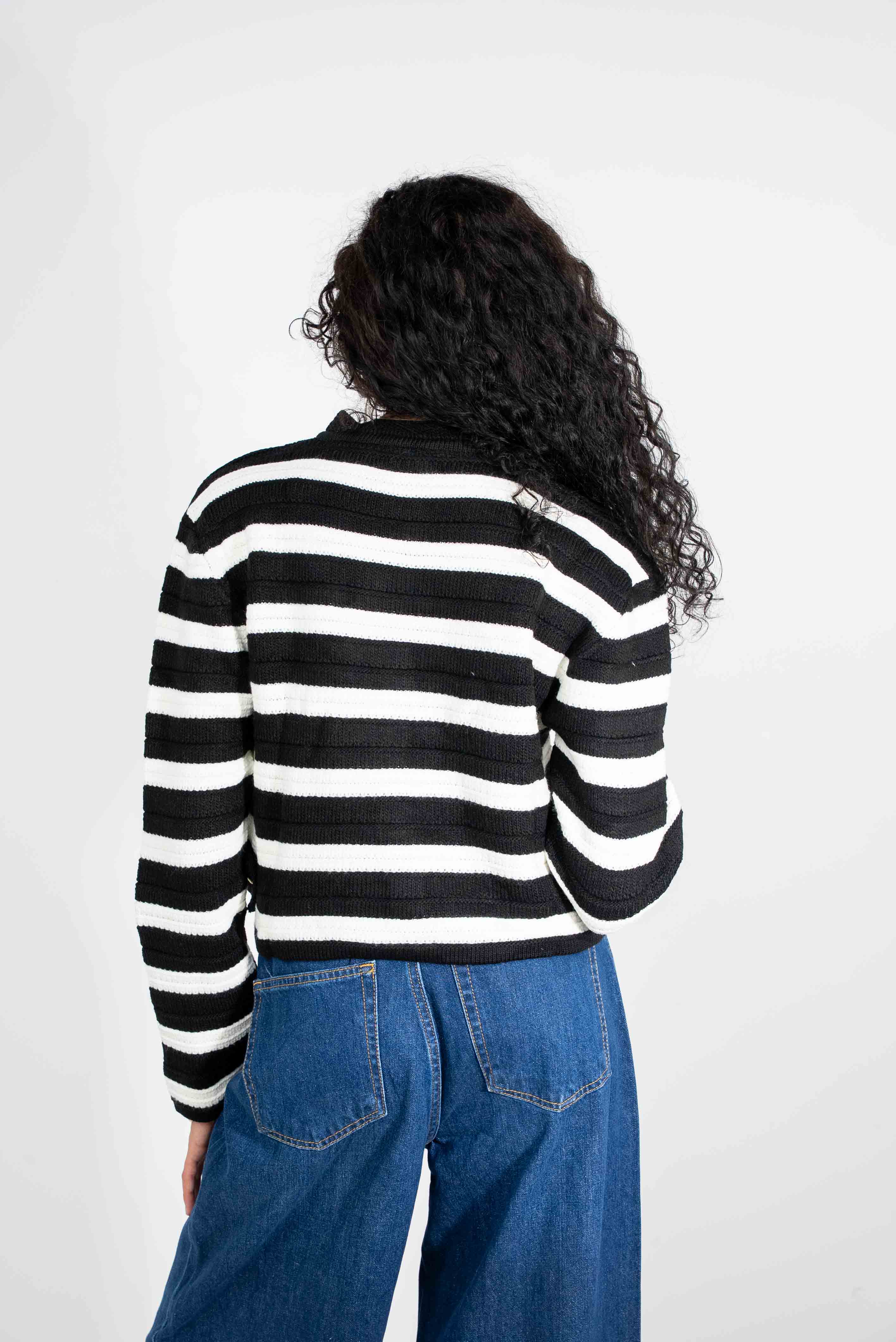 Short black and white striped cardigan with gold buttons