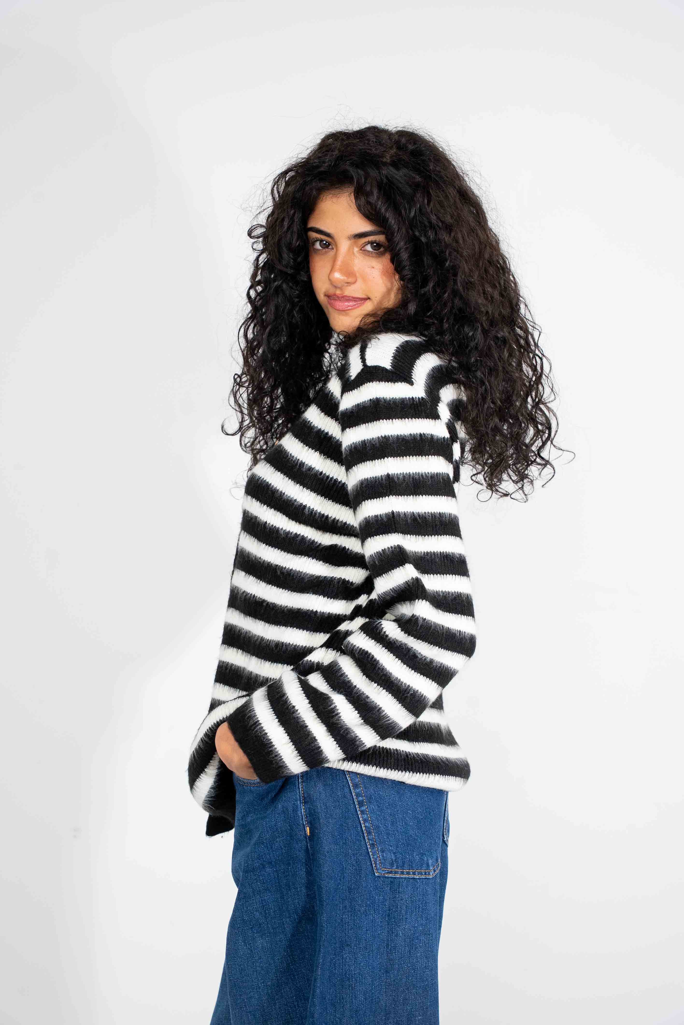 Black and white striped cardigan with gold buttons