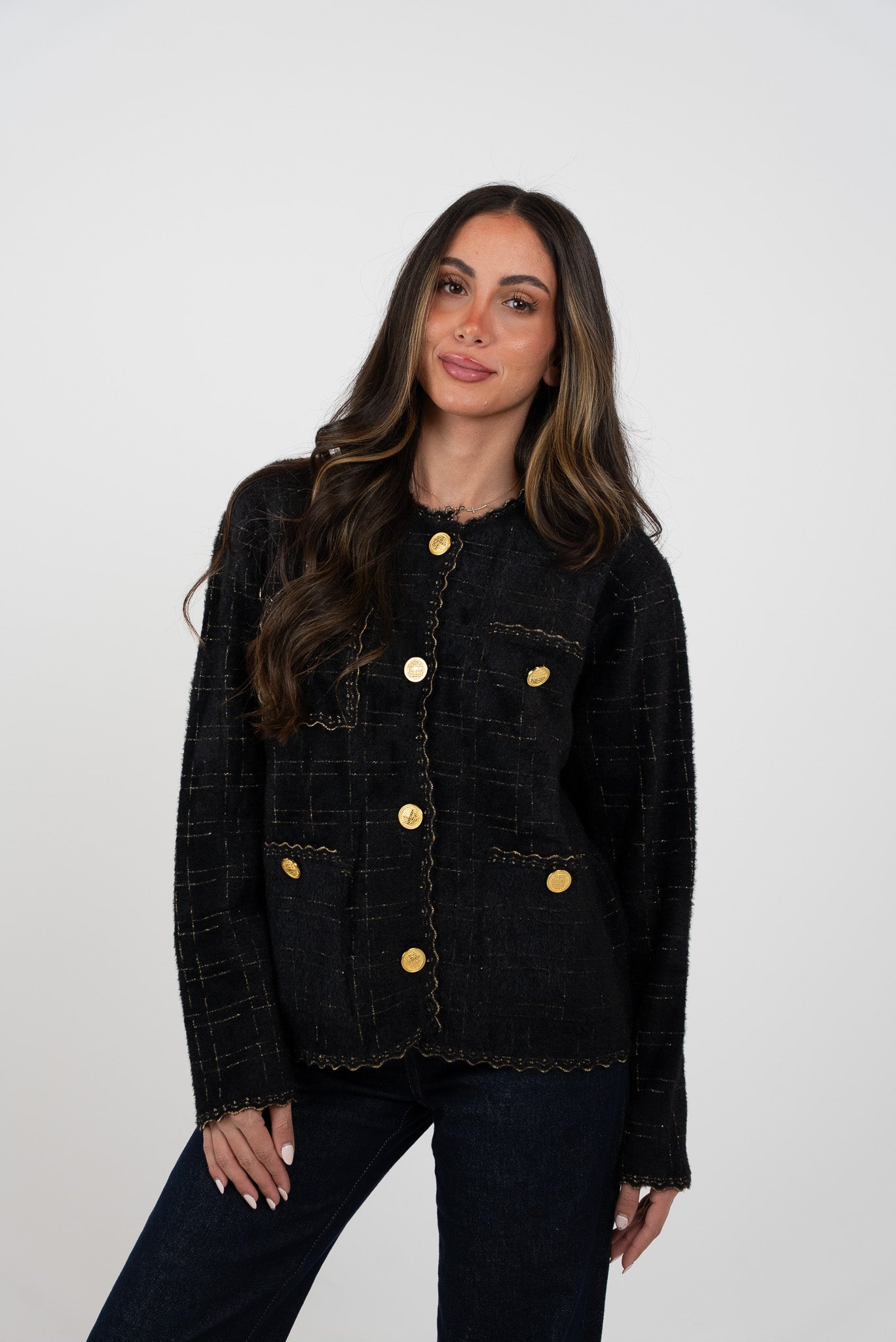 Button-down blouse with gold stripes