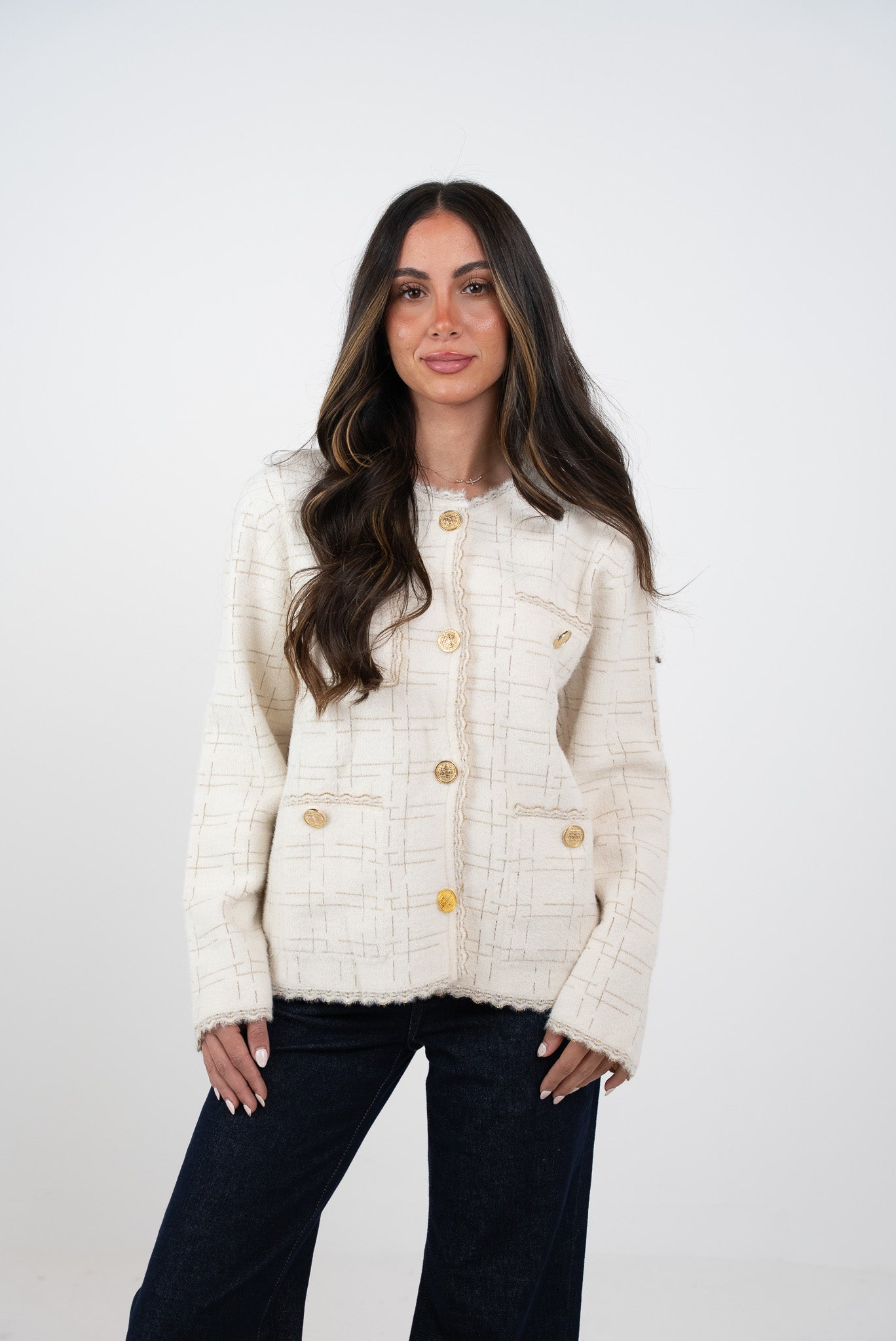 Button-down blouse with gold stripes