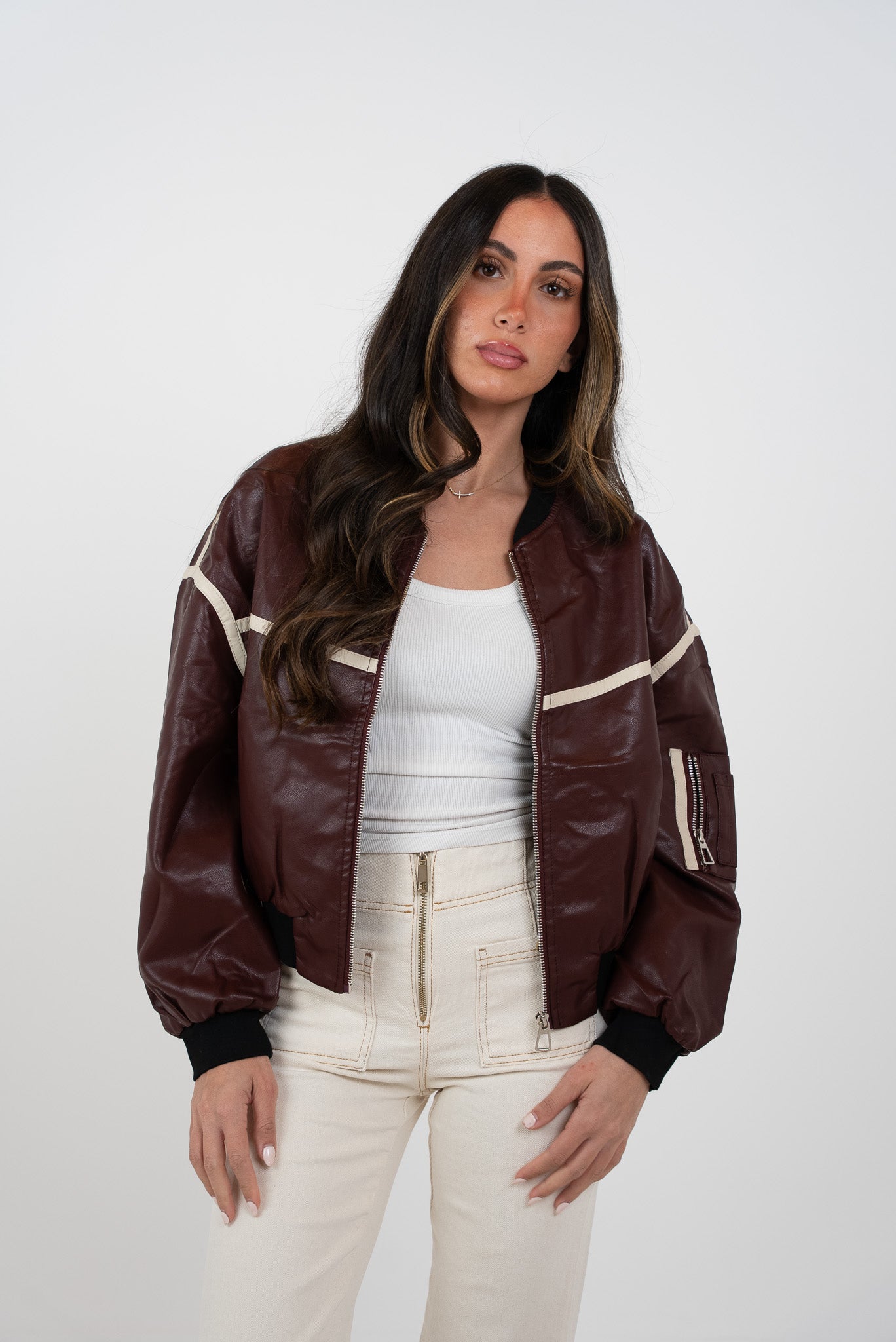 Cropped bomber leather jacket