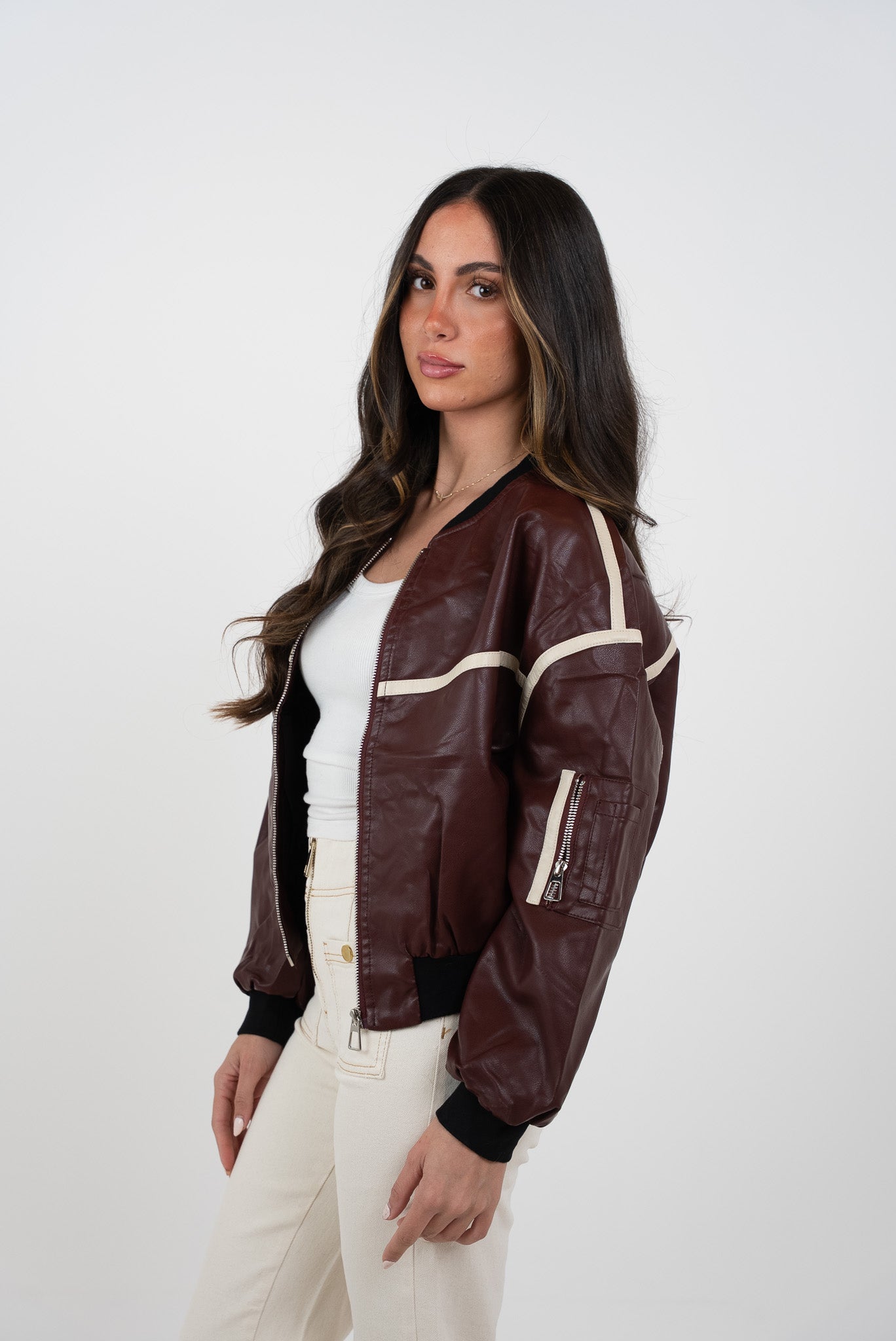 Cropped bomber leather jacket