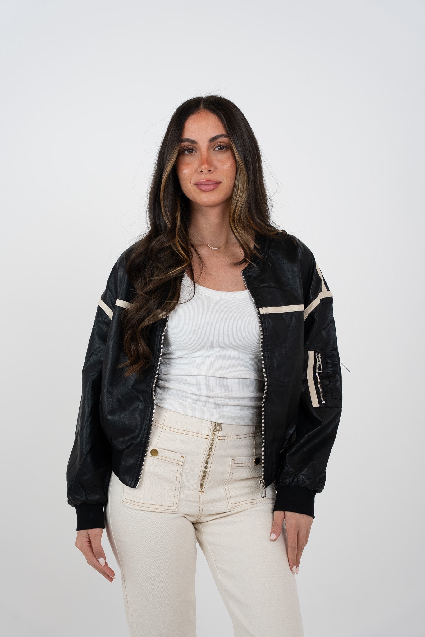 Cropped bomber leather jacket