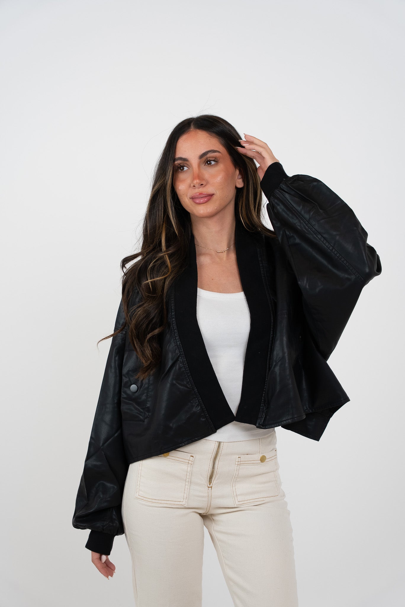 Cropped kimono leather jacket