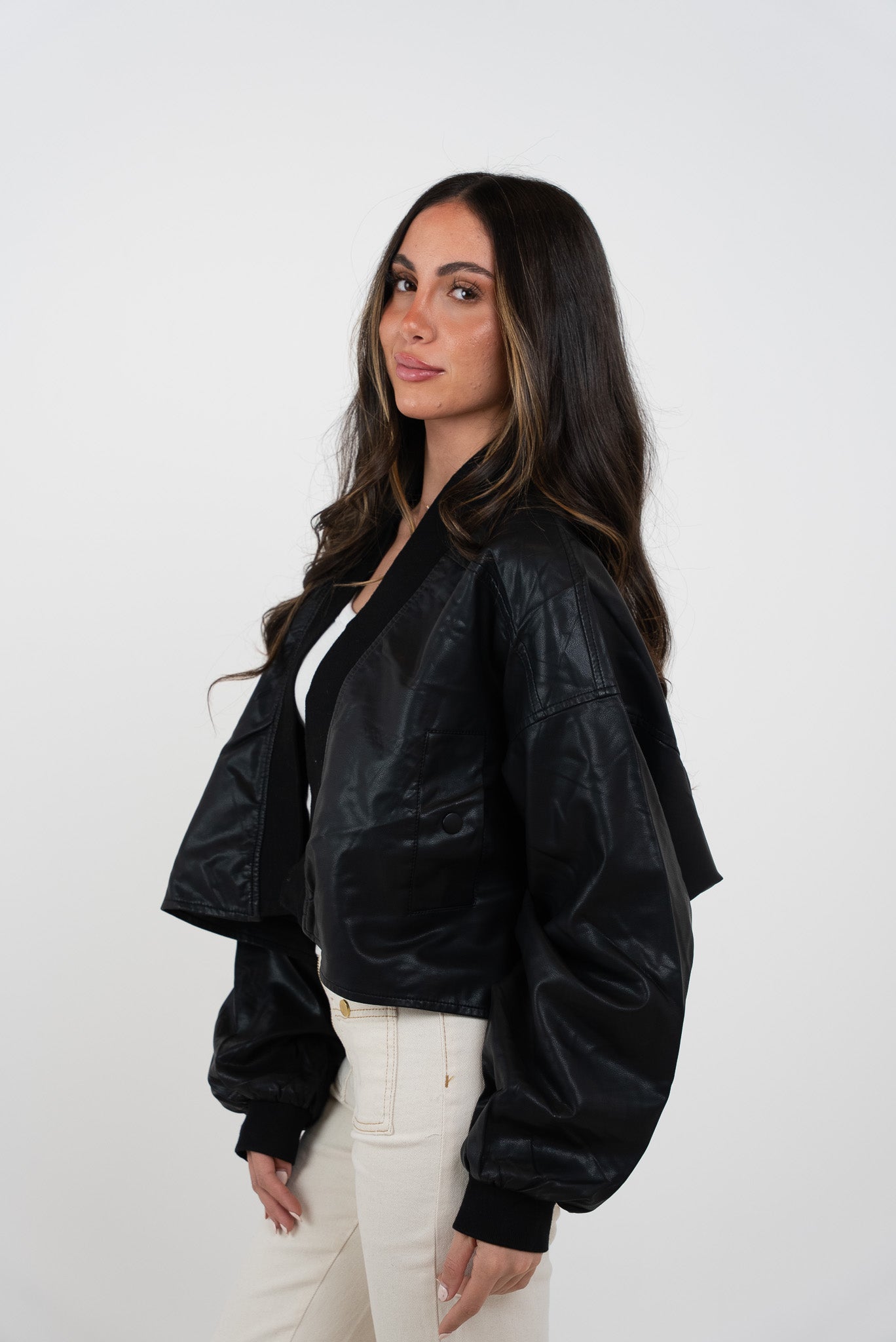 Cropped kimono leather jacket